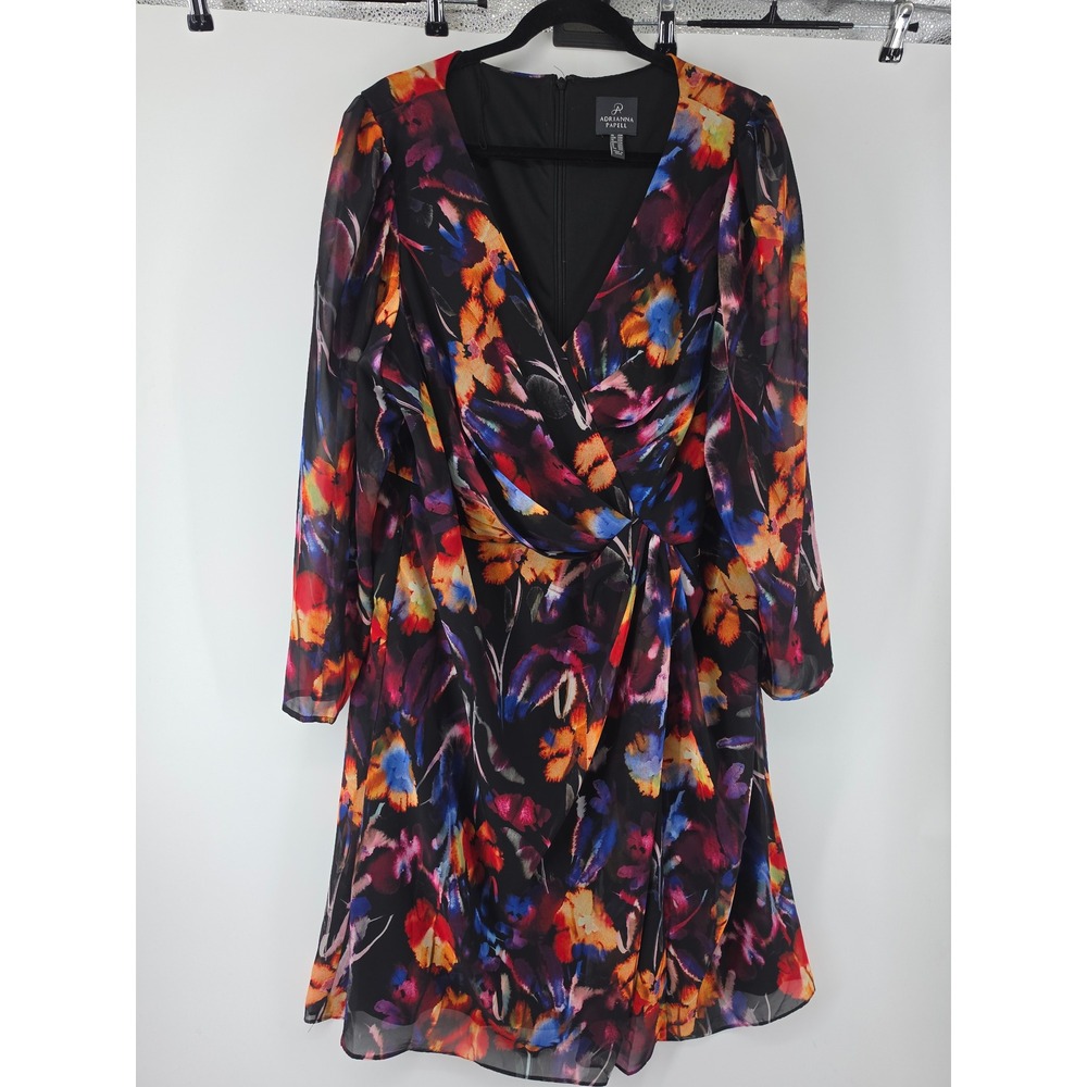 Adrianna Papell Floral Wrap Dress Black Multi Color V-Neck Long Sleeve Plus 20W